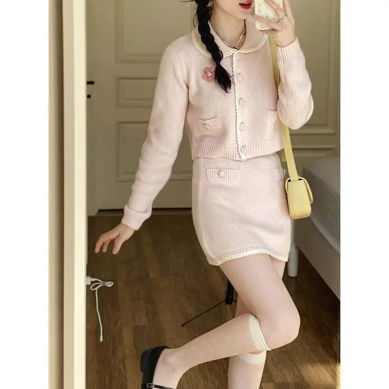 Sweet Hot Girl Suit Women's Autumn Turndown Collar Knitted Cardigan High Waist Wrap Hip Skirt Twopiece Set Female Clothes