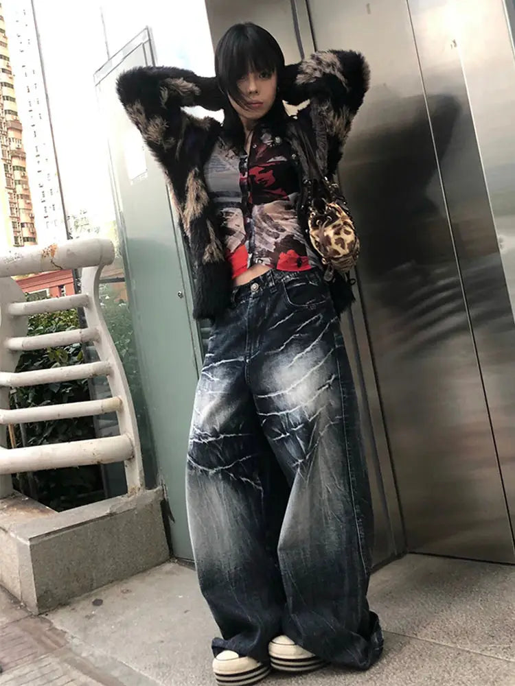 Women Y2k Baggy Vintage Jeans Harajuku Fashion Straight Do Old Wide Leg Full Length Denim Pants Hip Hop Causal Trousers