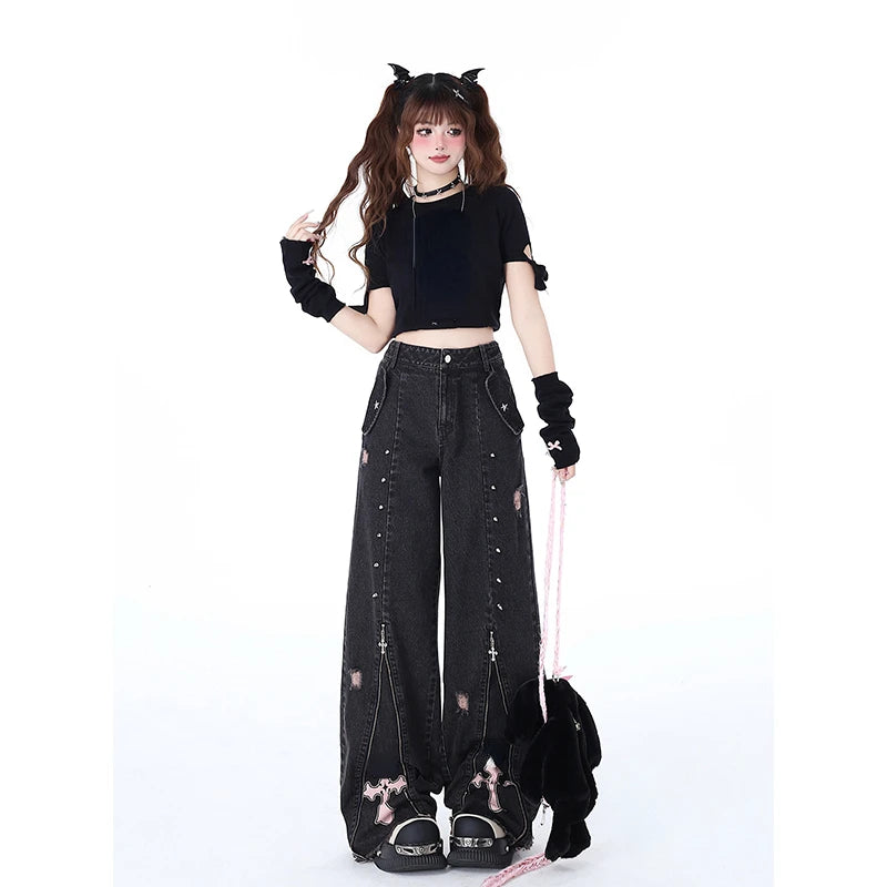 Women Black Gothic Baggy Jeans Vintage High Waist Cowboy Pants Harajuku Denim Trousers Aesthetic Y2k Emo Trashy 2000s Clothes