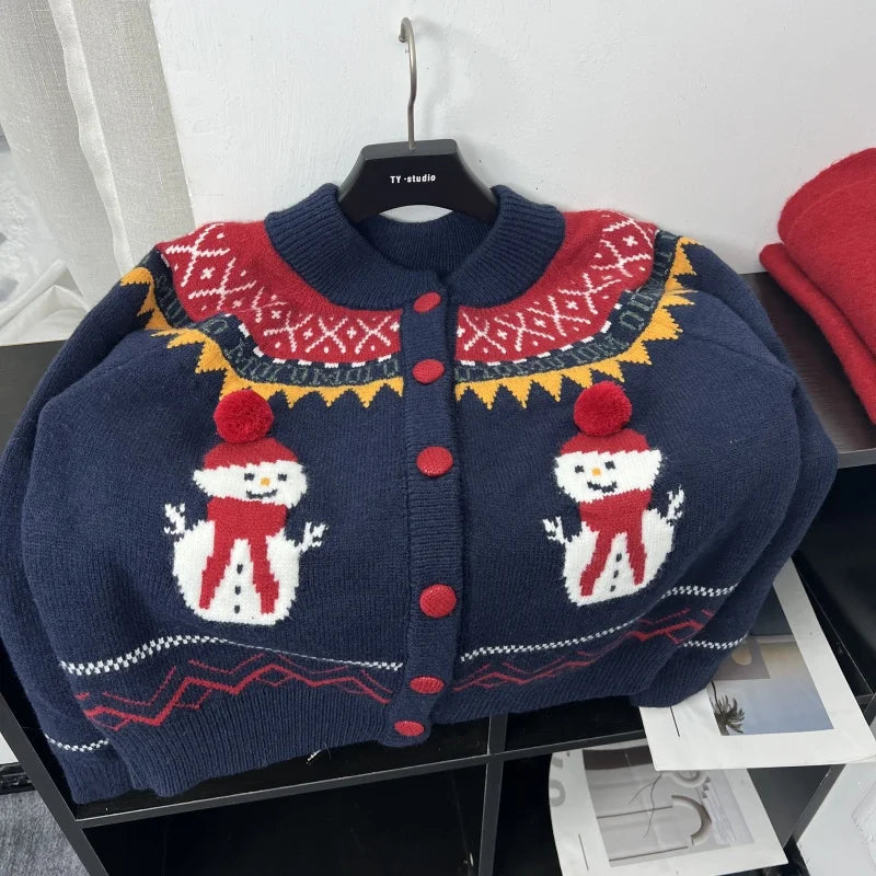 Sweet Hot Girl Retro Knitted Cardigan Women's Winter Snowman Pattern Oneck Loose Sweater Coat Fashion Female Clothes