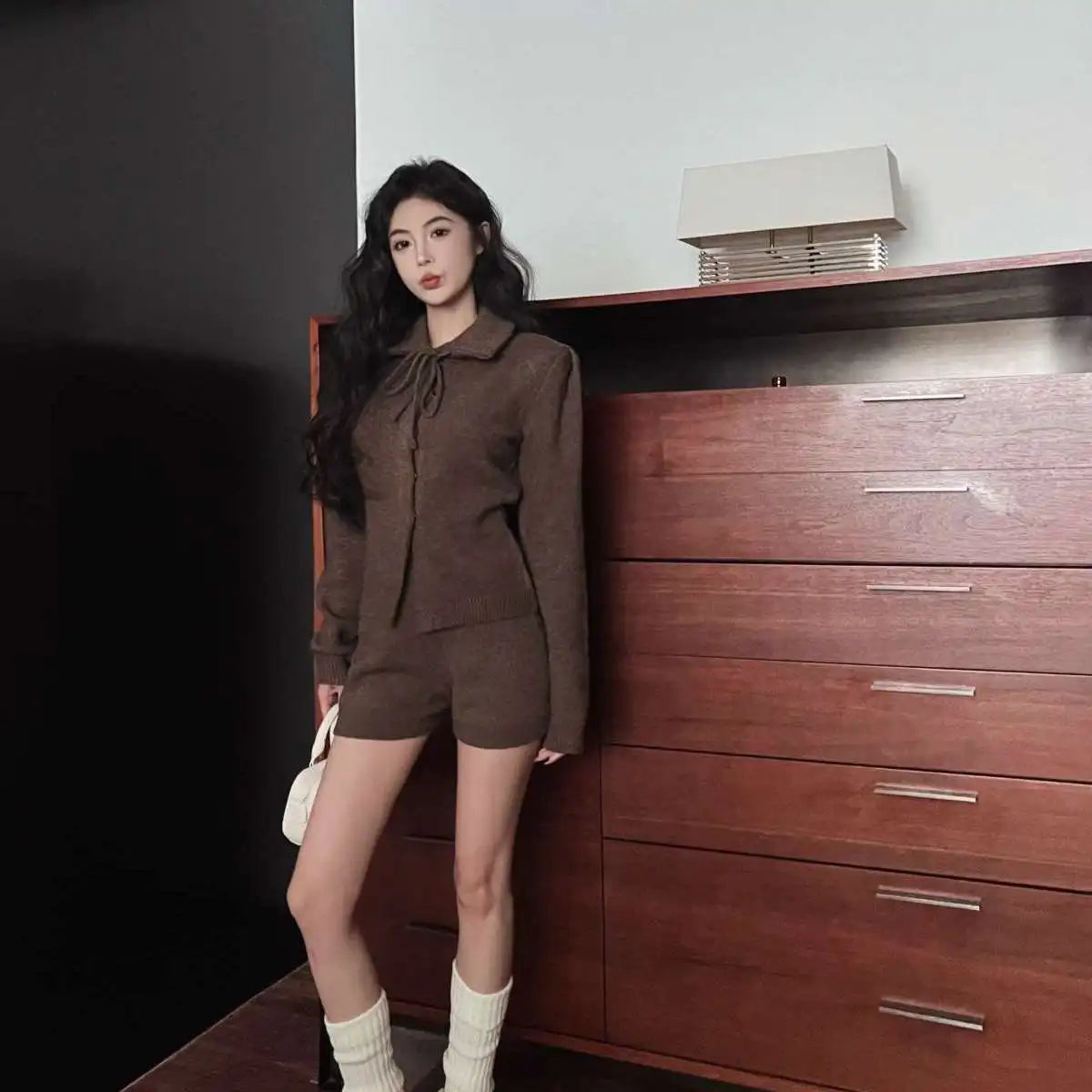 Sweet Hot Girl Casual Suit Women's Spring Turndown Collar Knitted Cardigan High Waisted Shorts Twopiece Set Female Clothes