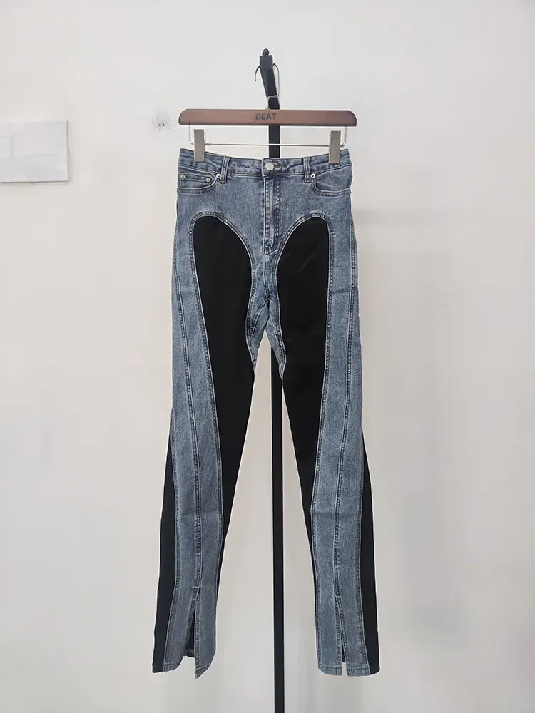 Women's Denim Pants Contrast Color Slim Split Patchwork High Quality Thin Pencil Pants Autumn New Fashion