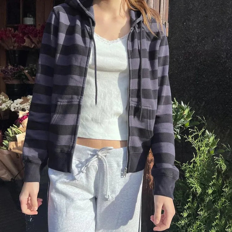 American High Street Striped Casual Hoodie Jackets Spring Autum New Cardigan Coat Women Y2k Long Sleeve Zipper Tops Mujer