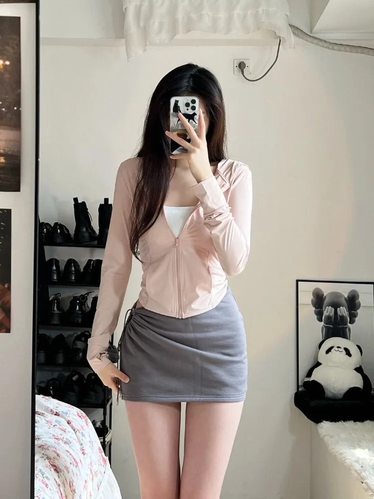 Sweet Pink Ice Silk Sun Protection Coat Women 2024 Summer Slim Fit Zipper Cardigans Y2k EGirl Long Sleeve Jackets Mujer