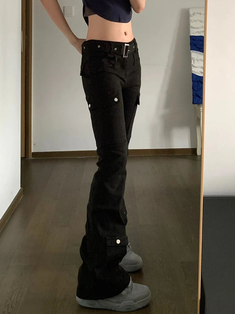 Woman Casual Stretch Jeans Low Waist Denim FloorLength Multiple Pockets Dark Academia Pants Baddie Style Japanese Fashion