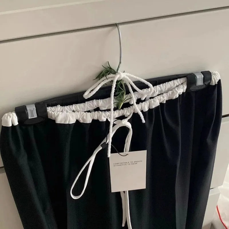 2024 Summer Vintage Korean Retro High Street Black and White Stitching Elastic Laceup Streetwear Fashion Wide Leg Pants