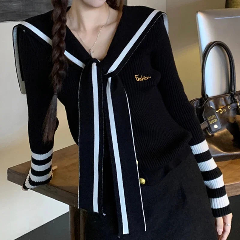 Autumn New Japanese Contrast Color Patchwork Laceup Long Sleeve Cardigan Women + Loose Knitted Aline Skirt Twopiece Suit