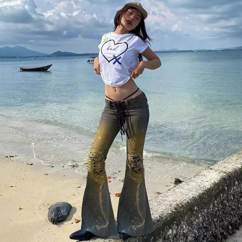 American Y2K low rise sexy jeans laceup design splashed ink distressed vintage thin versatile popular ripped flared pants