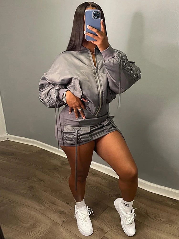 bandage Skirts Suit For Women Fashion Zipper Slim Lace Up Cardigan Femme Sexy Mini Skirt 2 Piece Sets Womens Outfits