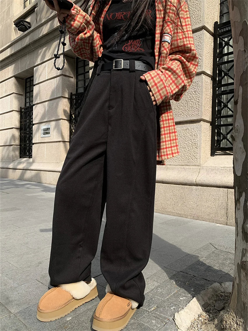 Chic Solid New Winter Pants Women Thicken Warm 2024 Work Wear Loose High Waist Straight All Match Streetwear Daily