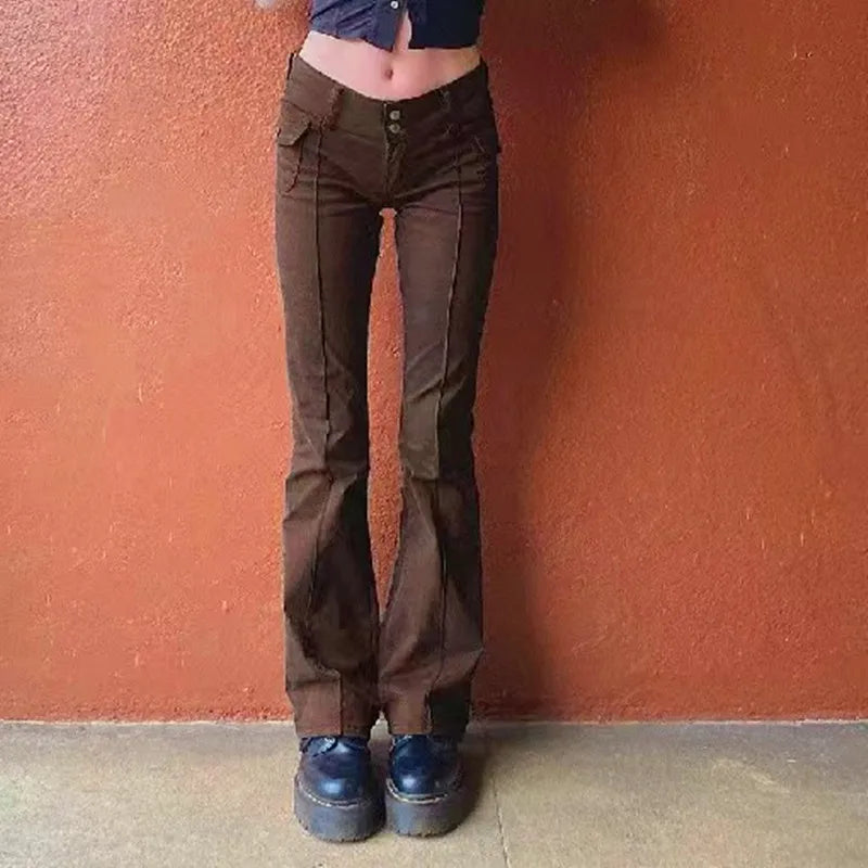 Y2K Brown Flared Jeans Solid Color Pocket Kawaii Trousers Low Waist Aesthetic Jogging Pants Women's Casual Basics