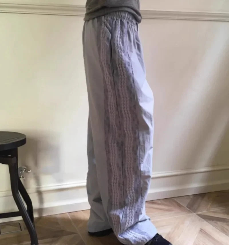 2024 Summer New Loose Y2k EGirl High Waist Straight Trousers Fashion Vintage Lace Patchwork Nylon Wide Leg Pants 2000s Vintage