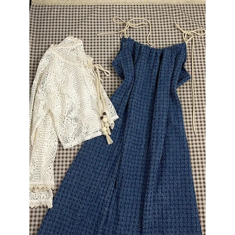 Women Suit Autumn New Bohemian Tassel Strap Camisole Dress Hollow Out Sunscreen Knitted Cardigan Two Piece Set Women Outfits