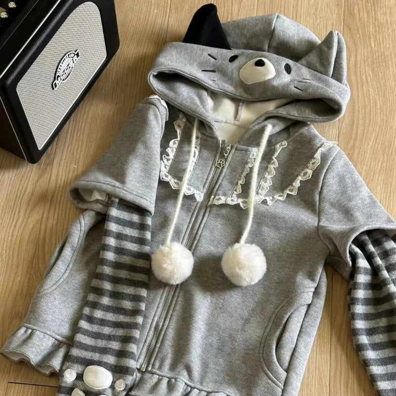 Autumn Winter Japanese Style Hooded Sweatshirt Women Sweet Kawaii Patchwork Fake Two Piece Jacket Y2k Vintage Long Sleeve Coats