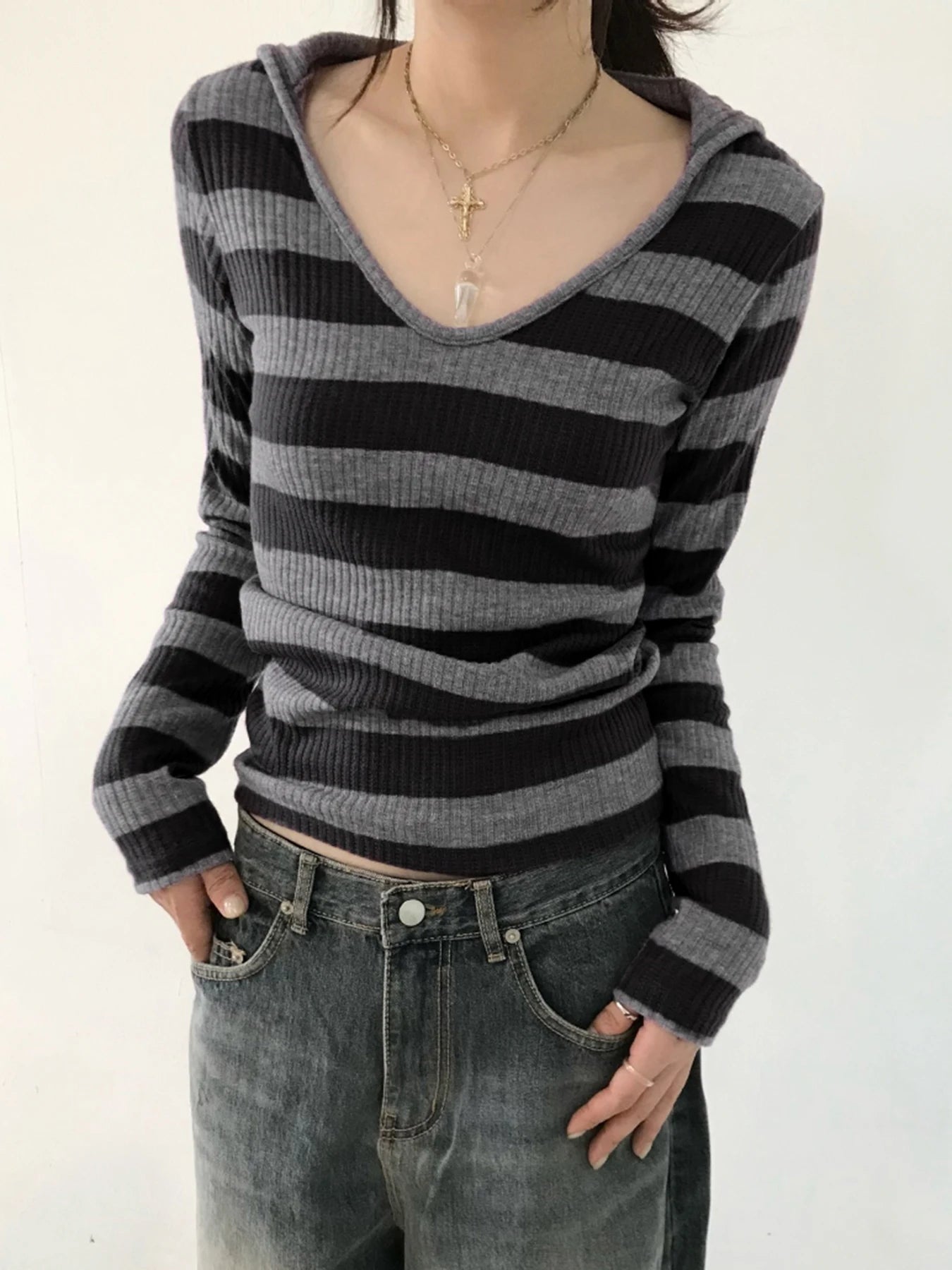 Black Dark Gray Stripe Hooded T-Shirt Women V Neck Slim Long Sleeve Basic Spring Autumn Ribbed Top Preppy Streetwear Tee