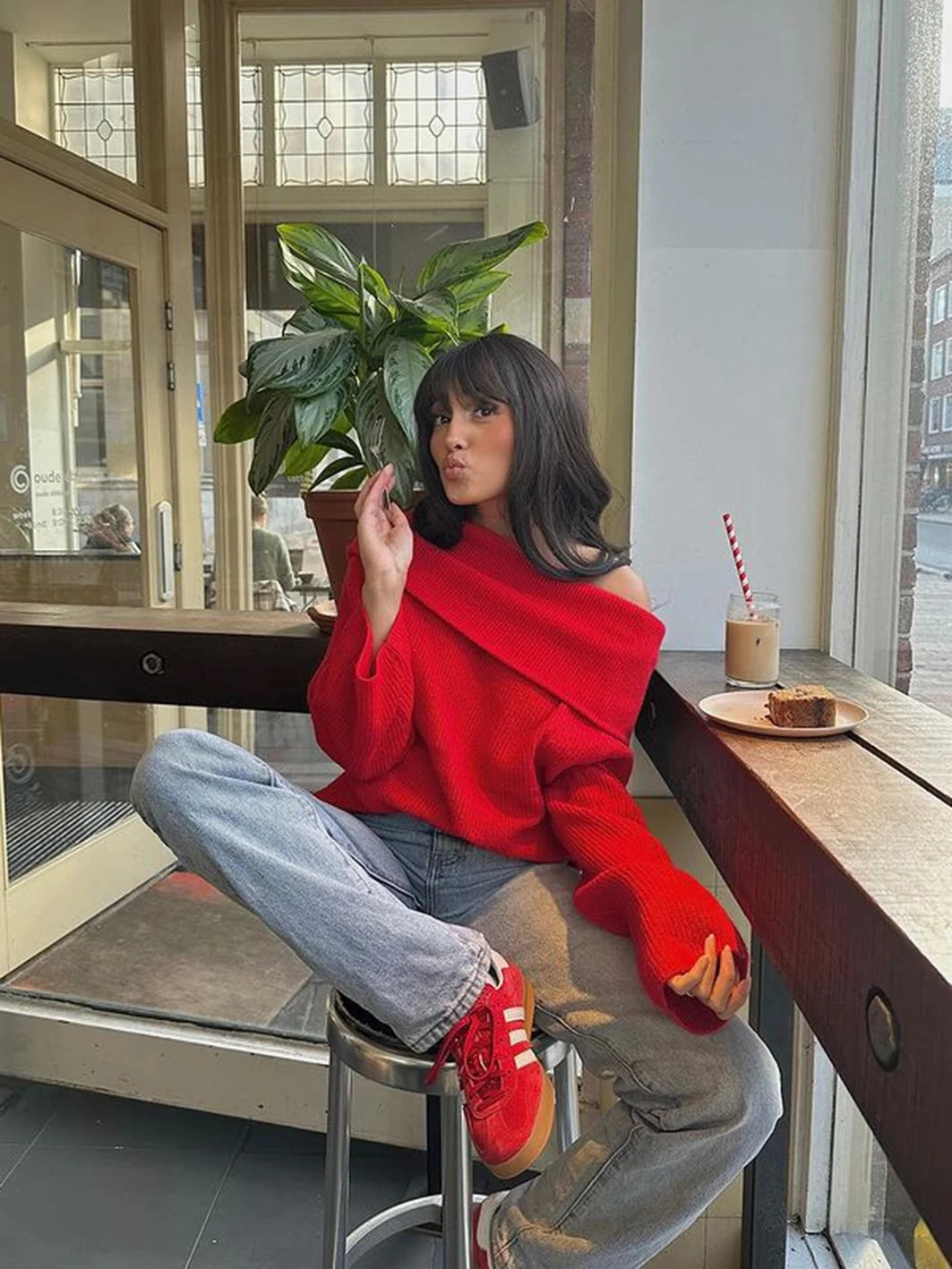 2024 Fashion Solid Simple Knitted Sweater For Woman Slash Neck Long Sleeve Loose Pullover Autumn Casual Streetwear Basic Jumper
