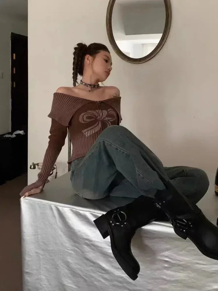 Bow Print Offshoulder Knitwear Gradient Cardigan Sweater Zipper Maillard Style Fairy Grunge Long Sleeve Top Y2k Clothes