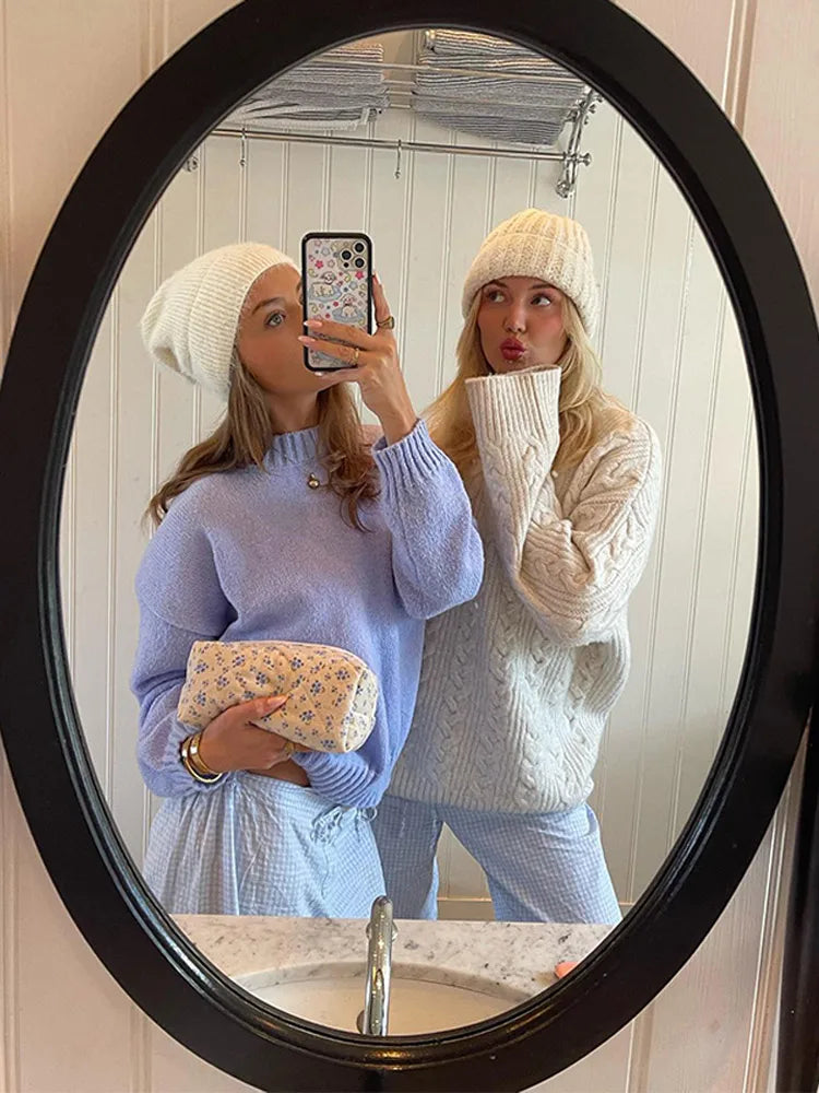 Women Casual Loose Blue Sweater Fashion Solid O Neck Cropped Pullover Tops Female Autumn Vintage Chic Knitted Streetwear