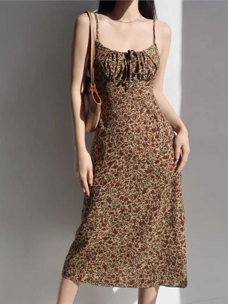 Summer Vintage Floral Print Dresses Women Casual Strap Laceup Beach Holiday Vestidos Female Backless Sleeveless Clothes