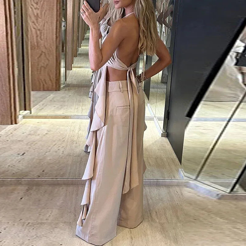 Women's Fashion High Street Outfits New Hollow Design Backless Slim Suits Sexy Halter Ruffled Top with Long Pants 2 Piece Sets