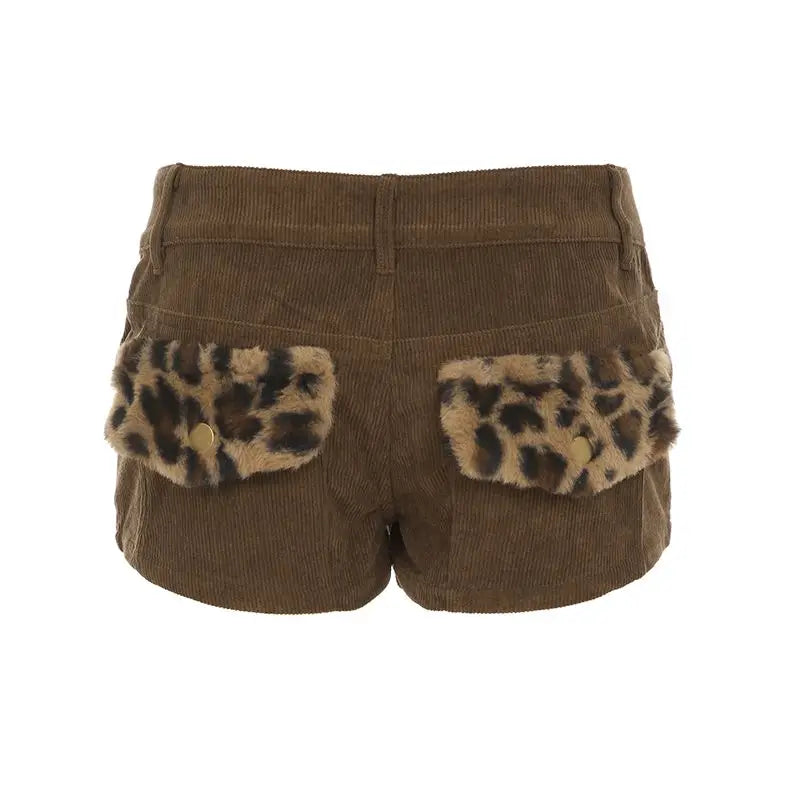 Autumn/Winter Retro Furry Leopard Pattern Spliced Corduroy Shorts for Women Low Waist Slim Sexy Spicy Girl Pocket Hot Pants