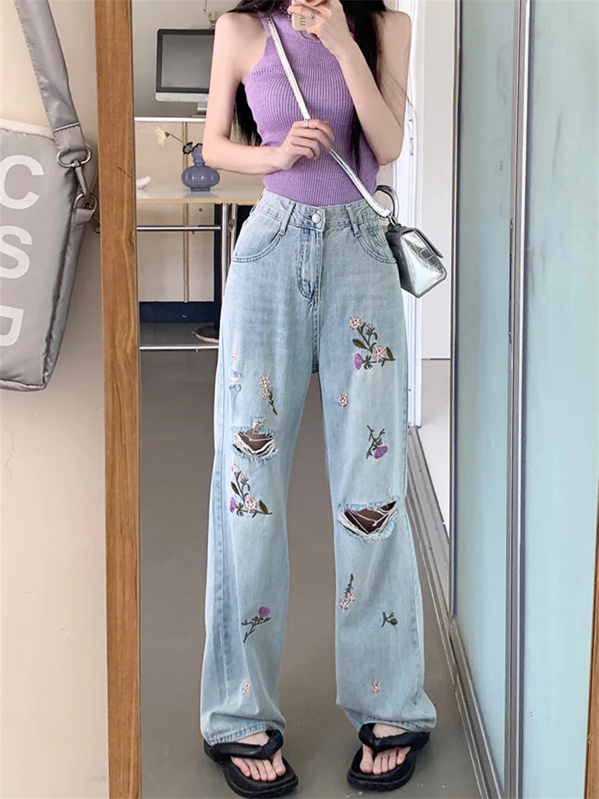 Women Embroidery Flowers Jeans Autumn OL Hole Chic Loose Fashion Slim New Straight Denim Streetwear Pants