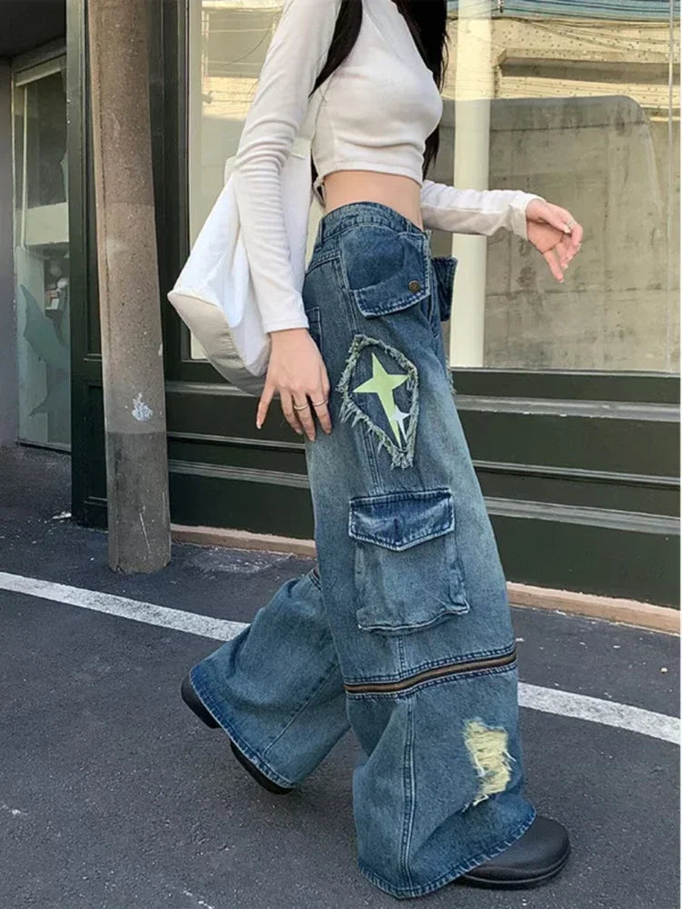 Blue Washed Cargo Jeans Women Ripped Wide Leg Denim Pants Zipper Oversized Streetwear Y2k Hip Hop Graffiti Baggy Bottoms