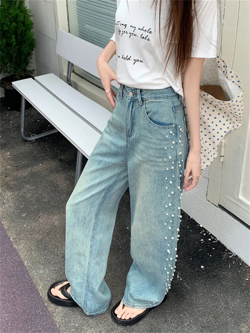 Summer Straight Jeans Women Pearls Wide Leg Mopping Light Washed High Waist Streetwear New Denim Casual Pants
