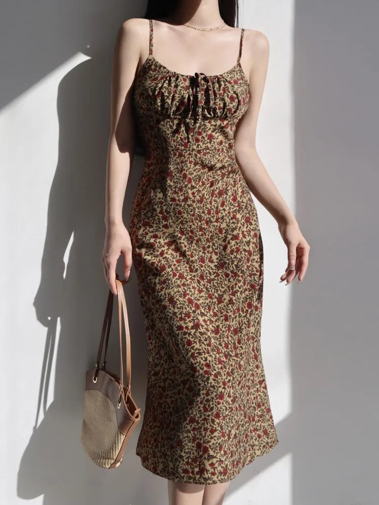 Summer Vintage Floral Print Dresses Women Casual Strap Laceup Beach Holiday Vestidos Female Backless Sleeveless Clothes