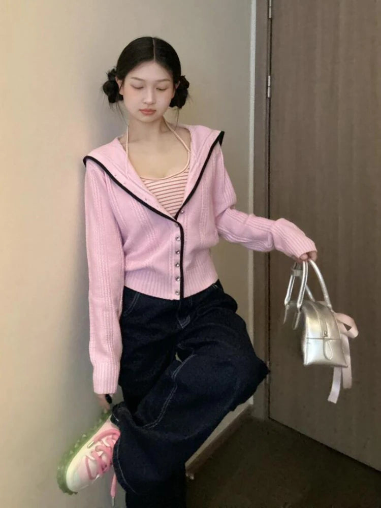 Y2k Pink Knitted Cardigan Sailor Collar Long Sleeve Sweater Women Korean Fashion Preppy Style Autumn Winter Cute Clothes