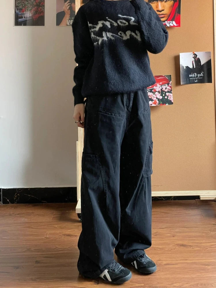 Boyfriend Jeans for Women Streetwear Baggy Vintage Balck Wide Leg Denim Trousers Harajuku Causal Straight Cowgirl Pants
