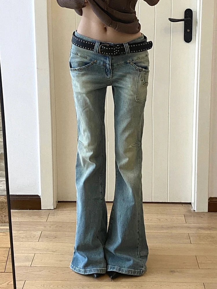 Women Gyaru Japanese Harajuku Y2K Streetwear Low Rise Flare Denim Pants Jeans 2000s Vintage BellBottom Trousers Kpop Goth Tide