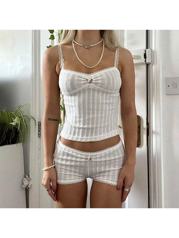 Woman Hot Pants Japanese Fashion Outfits Gyaru Tank Top Shorts Halter Top Sexy Sets Crochet New Trend Top Cute Core Chic
