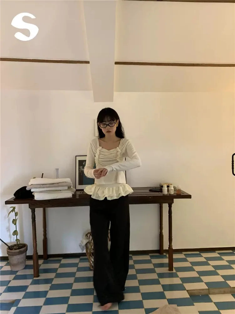 Ballet Skirt Patchwork Straight Pants Women High Street Design Elastic High Waist Sweatpants Korean Style Loose Trousers