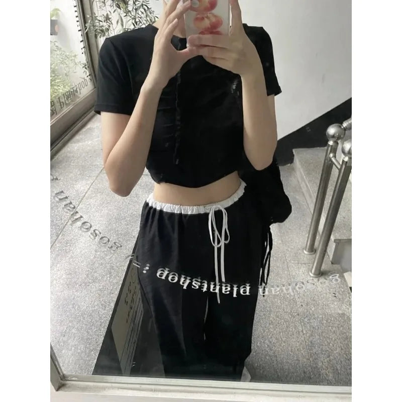 2024 Summer Vintage Korean Retro High Street Black and White Stitching Elastic Laceup Streetwear Fashion Wide Leg Pants