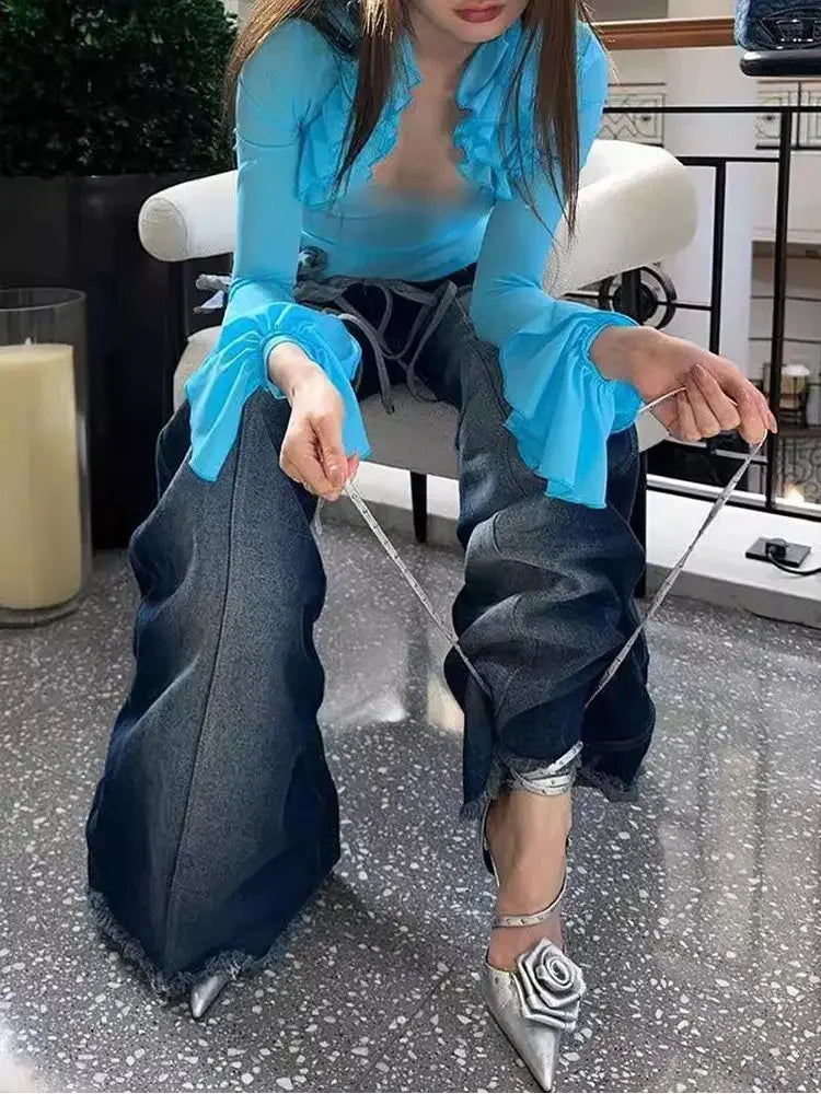 American Retro Pleated Design Slimming Denim Flared Pants for Women Autumn and Winter New y2k Spicy Girl Low Waist Jeans Women