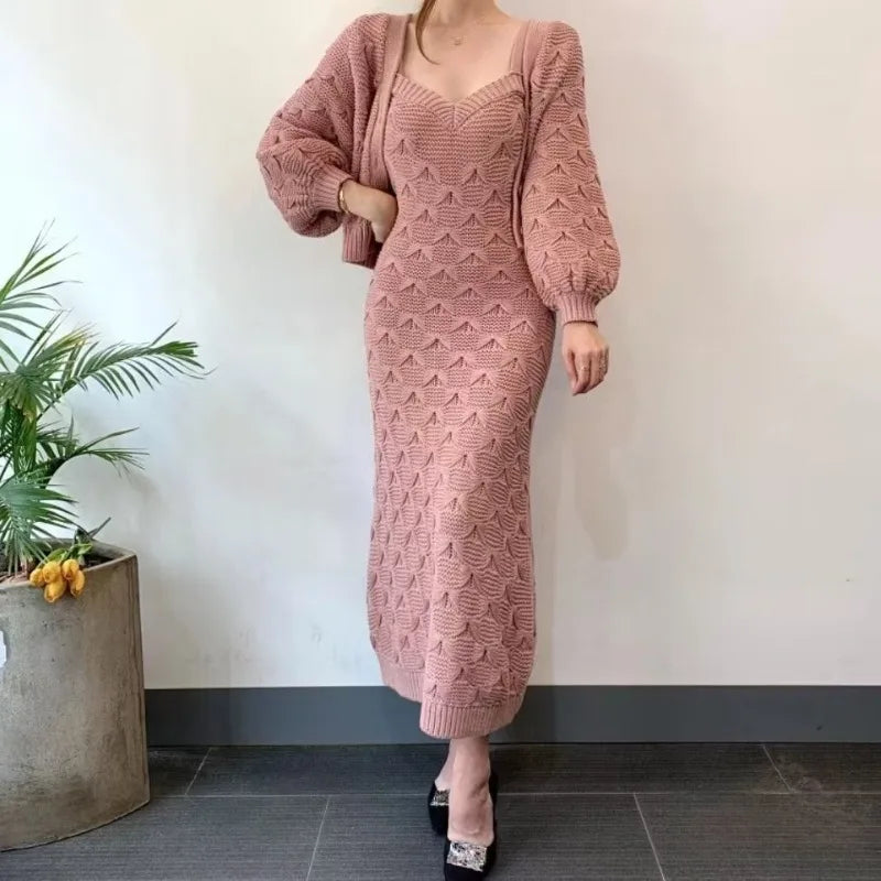 Sweet Hot Girl Suit Women's Autumn and Winter Singlebreasted Lantern Sleeve Knitted Cardigan Slim Strap Dress Twopiece Set