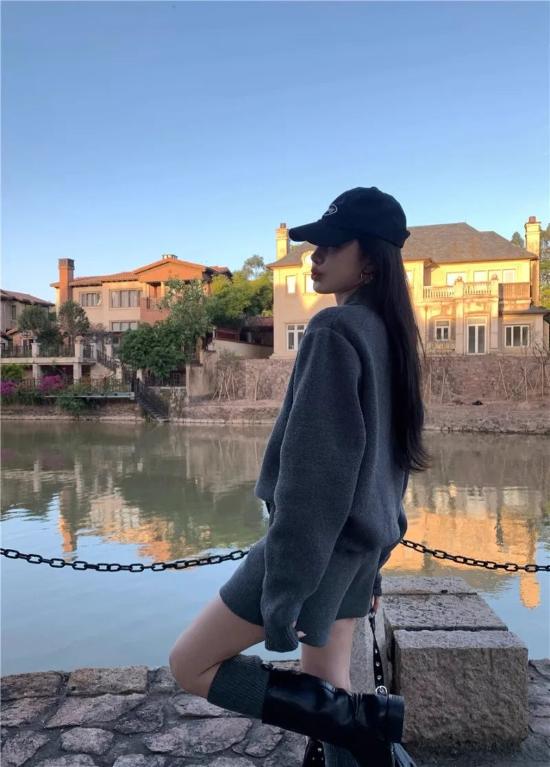 Sweet Hot Girl Casual Suit Women's Autumn/Winter Sweater Peter Pan Collar Knitted Cardigan High Waist Shorts Twopiece Set