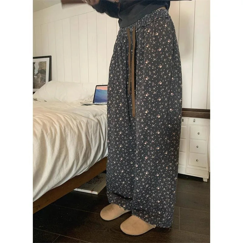 Casual Vintage Sweatpants Woman Korean Baggy Thick Flower Print Wide Leg Pants Harajuku High Waist Autumn Warm Trousers