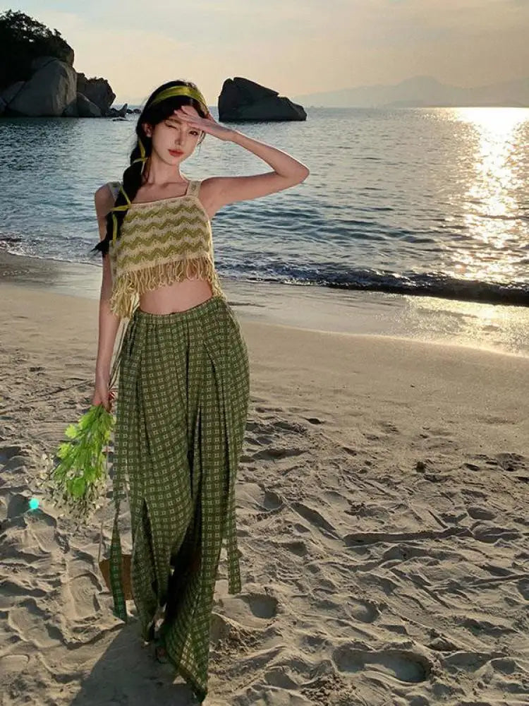 Women Vintage Boho Green Print High Waist Elegant Pleated Wide Leg Pant Summer Pink Casual Loose Straight Split Trousers Fashion