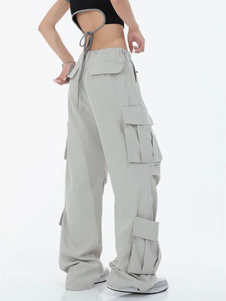 Women Y2k Cargo Pants Multiple Pocket Patchwork Drawstring Ruched Casual Summer Loose Jogger Wide Leg Pants High Street