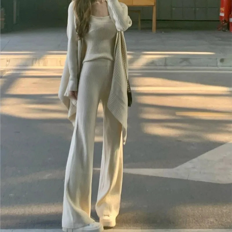 Autumn Winter Solid Knitted 3piece Set Women Tank Top Long Pants Cardigan Sweater Pullover Korean Fashion Casual Outfits New