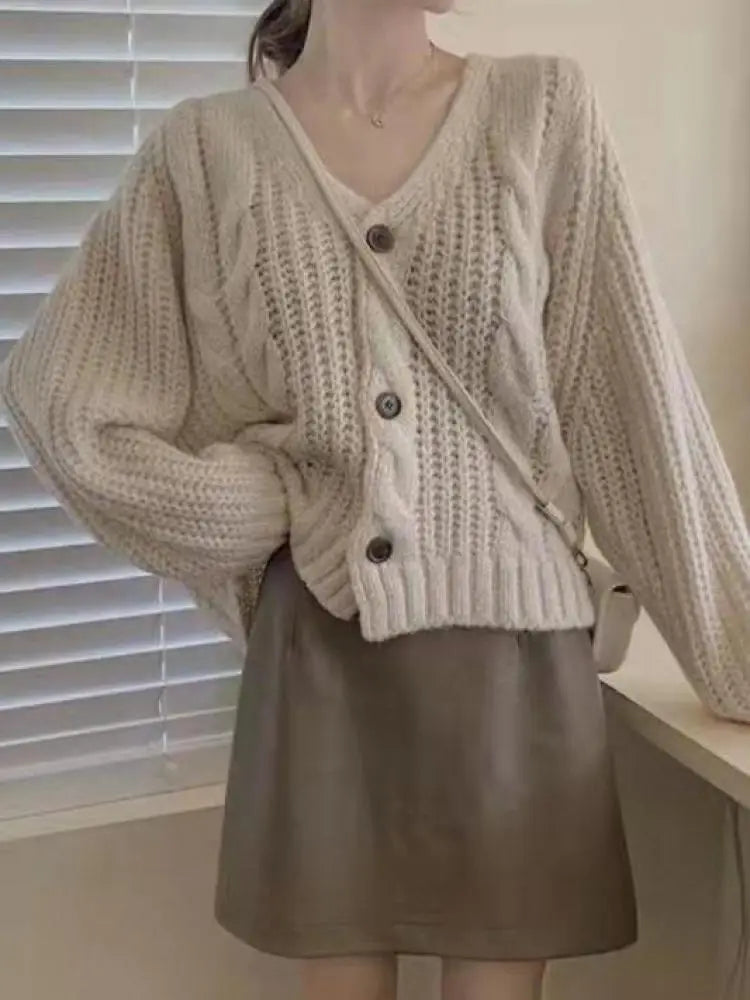 Women Solid Long Sleeve Cardigan Crochet Sweater Autumn Winter Casual Korean Vneck Single Breasted Short Tops Chic Streetwear
