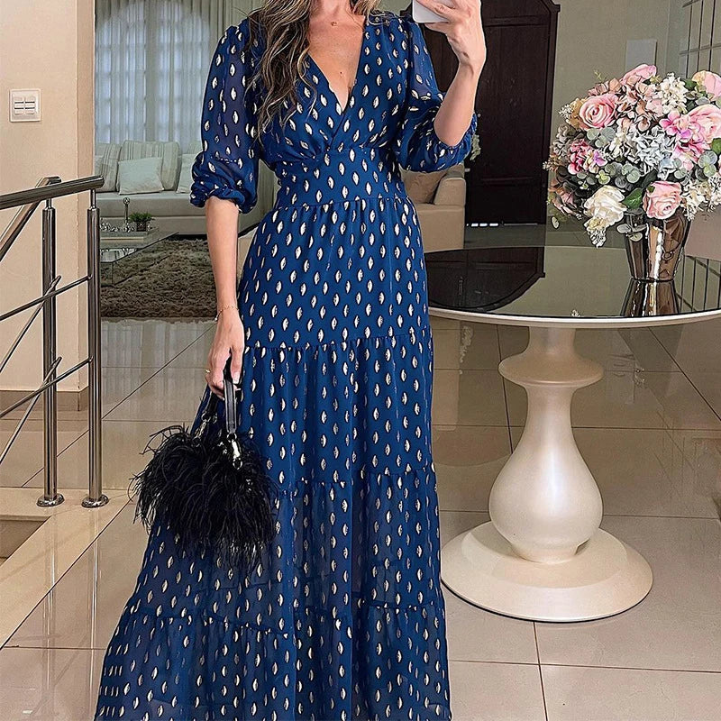 Women Deep V Neck High Street Dress Autumn Holiday Boho High Waist Long Dress Elegant Polka Dot Short Sleeve Pleated Party Dress
