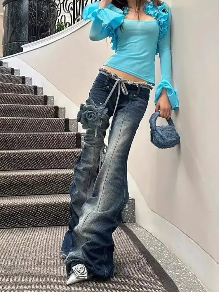 American Retro Pleated Design Slimming Denim Flared Pants for Women Autumn and Winter New y2k Spicy Girl Low Waist Jeans Women
