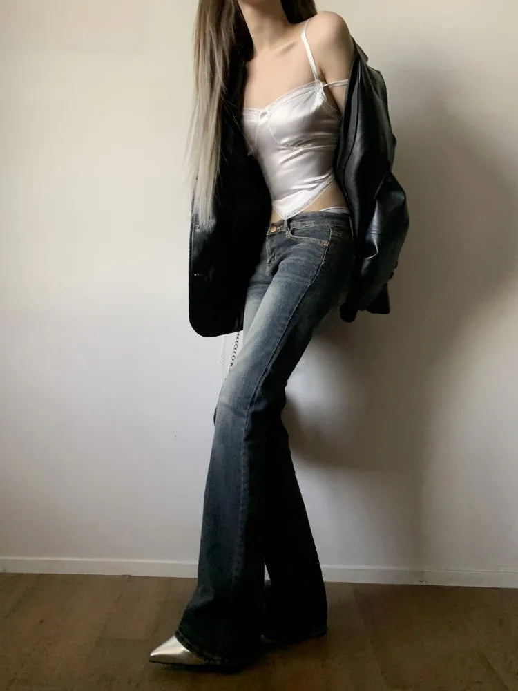 Y2k Sexy Coquette Low Rise Flared Jeans Women American Retro Casual Grunge Popular Denim Pants 2000s Streetwear 90s