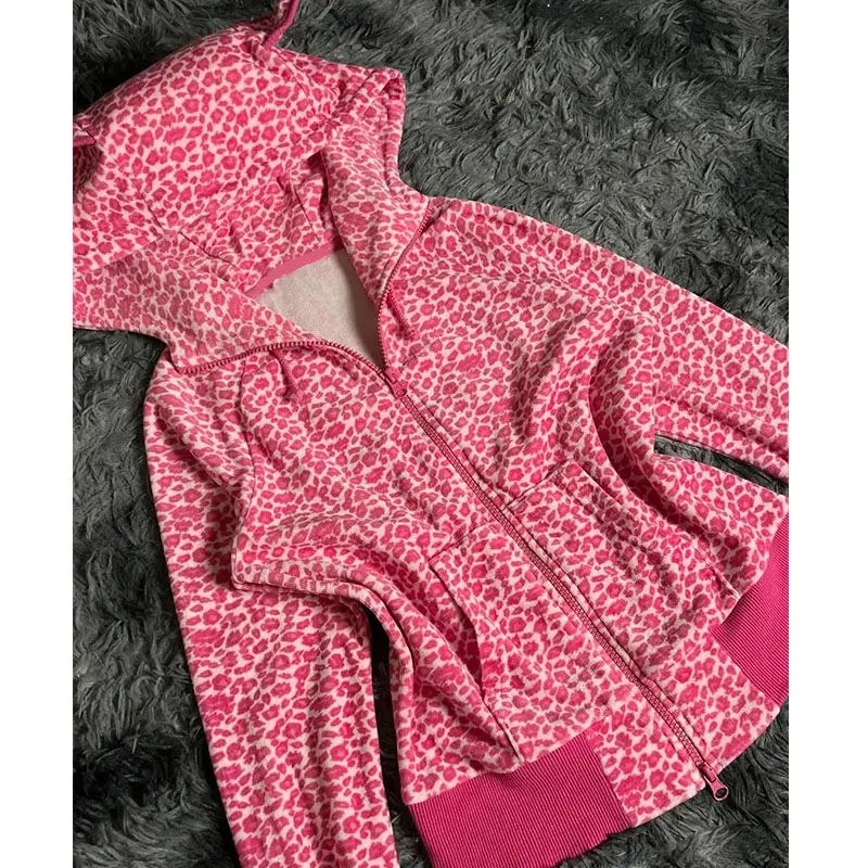 Autumn/Winter American Retro Hot Girl Plum Pink Leopard Pattern Loose Hoodie Women Top Vintage Zipper Coat Sweatshirt for Women