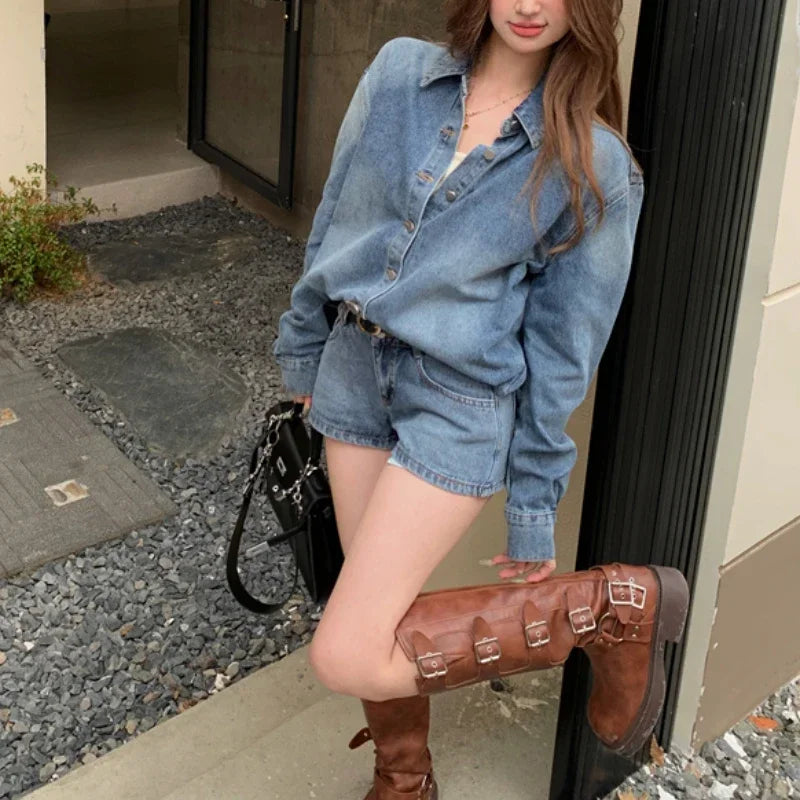 Autumn New Streetwear Washed Distressed Denim Loose Longsleeved Shirt Women + Casual Straight Pants Twopiece Suit