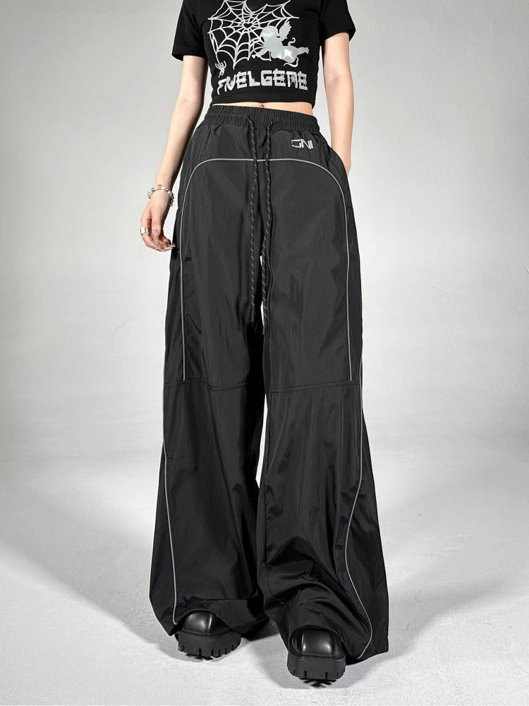 Women's Palazzo Pants Streetwear Fashion Reflective Stripe Jogger Wide Leg Trousers Y2k Baggy Sweatpants Female Pantalon
