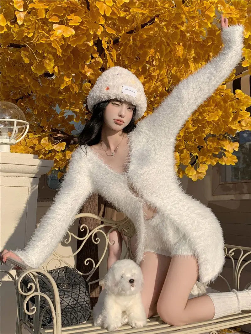 Sweet hot girl pure sexy suit women's autumn knitted cardigan high waisted slim fit shorts twopiece set fashion female clothes